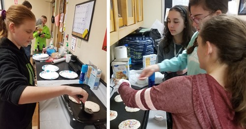 students cooking pancakes