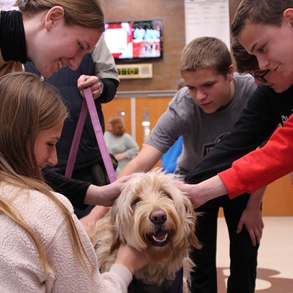 students with therapy dog
